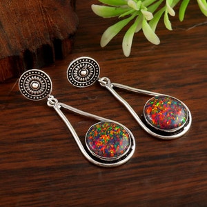 Red Fire Opal Smooth Earring, Black Bello Opal Round Earring, Sterling Silver, Fire Opal, Opal Stud Earrings, Anniversary Gift, Gift For Her