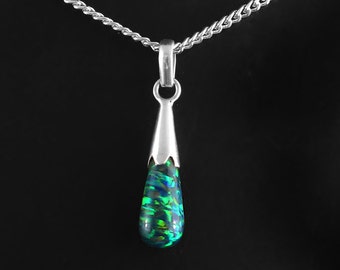 Black Opal Teardrop Necklace, Green Fire Opal Pendant, October Birthstone Necklace, Opal Silver Necklace, Dainty Handmade, Gifts For Women