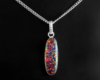 Collar con colgante de ópalo negro, colgante de ópalo ovalado, collar con piedra de nacimiento de octubre, colgante de plata de ley, joyería de ópalo rojo de fuego, regalo para ella