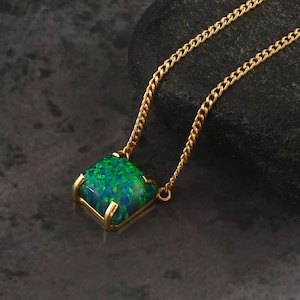 Square Black Opal Pendant, Green Fire Opal Necklace, 14K Gold Filled Necklace, October Birthstone Pendant, Minimalist Jewelry, Gift For Her