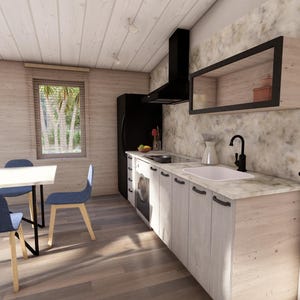 Puede incluir: Vista interior de una cocina moderna con gabinetes de madera clara y encimera de m&aacute;rmol. Se ven una campana extractora y un refrigerador negros. Una mesa de comedor con sillas azules est&aacute; en primer plano. Una ventana proporciona luz natural.