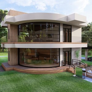 May include: Modern two-story house with a curved glass facade and wooden accents. The house features large windows, a flat roof, and a covered carport. Landscaping includes a green lawn, palm trees, and outdoor seating.