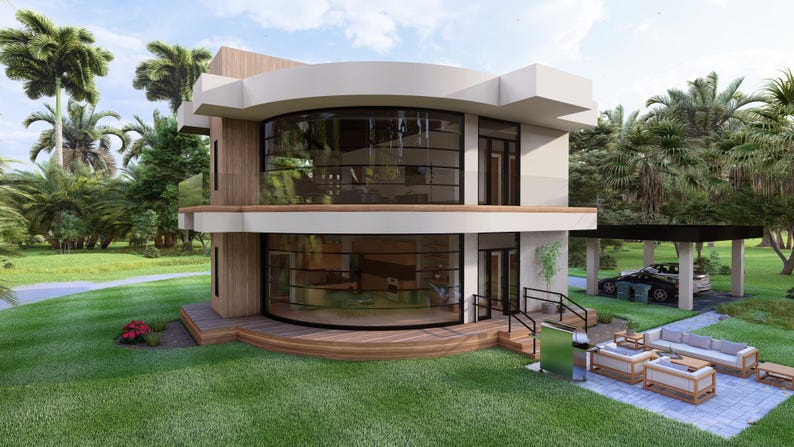 May include: Modern two-story house with a curved glass facade and wooden accents. The house features large windows, a flat roof, and a covered carport. Landscaping includes a green lawn, palm trees, and outdoor seating.
