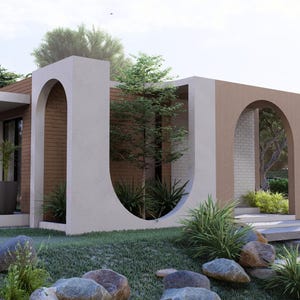 Puede incluir: Representaci&oacute;n arquitect&oacute;nica de una casa moderna con un dise&ntilde;o minimalista. La estructura presenta una combinaci&oacute;n de elementos de ladrillo y hormig&oacute;n, con aberturas arqueadas y un techo plano. El exterior est&aacute; rodeado de exuberante vegetaci&oacute;n, incluyendo &aacute;rboles, arbustos y un c&eacute;sped bien cuidado.