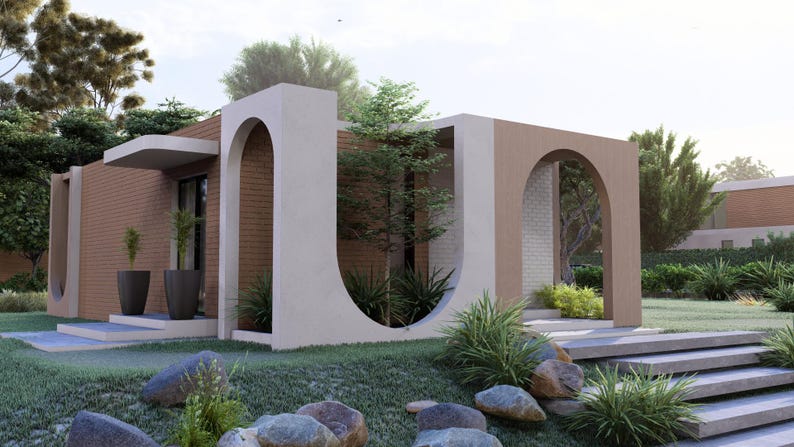 Puede incluir: Representaci&oacute;n arquitect&oacute;nica de una casa moderna con un dise&ntilde;o minimalista. La estructura presenta una combinaci&oacute;n de elementos de ladrillo y hormig&oacute;n, con aberturas arqueadas y un techo plano. El exterior est&aacute; rodeado de exuberante vegetaci&oacute;n, incluyendo &aacute;rboles, arbustos y un c&eacute;sped bien cuidado.