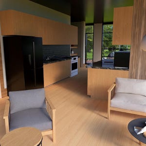 May include: Interior view of a modern living space with light wood flooring and cabinetry. A black refrigerator and a white oven are visible in the kitchen area. A gray and white sofa and two armchairs are in the living room.