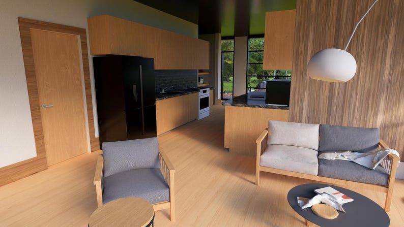 May include: Interior view of a modern living space with light wood flooring and cabinetry. A black refrigerator and a white oven are visible in the kitchen area. A gray and white sofa and two armchairs are in the living room.