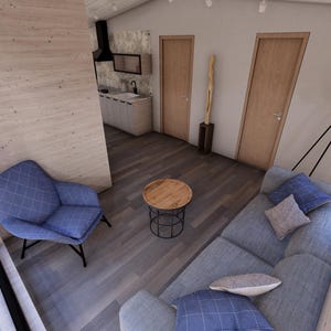 Puede incluir: Vista interior de un espacio de vida moderno con un sill&oacute;n azul, un sof&aacute; gris y una peque&ntilde;a mesa redonda de madera. La habitaci&oacute;n tiene pisos y paredes de madera, con dos puertas de madera y una cocina en el fondo.