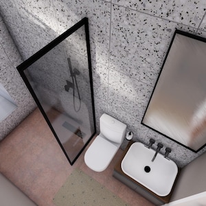 Peut inclure: Vue a&eacute;rienne d'une salle de bain moderne avec douche, toilettes et lavabo. La douche a un cadre noir, et les murs et le sol ont un motif mouchet&eacute;. Un grand miroir est &agrave; droite et une fen&ecirc;tre &agrave; gauche.