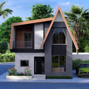 Peut inclure: Une maison moderne &agrave; deux &eacute;tages avec un design en A unique. L'ext&eacute;rieur pr&eacute;sente une combinaison de gris, de blanc et de noir avec un toit marron. Une voiture verte est gar&eacute;e dans l'all&eacute;e. L'am&eacute;nagement paysager comprend des palmiers et des plantes &agrave; fleurs.