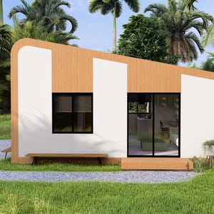 Puede incluir: Una peque&ntilde;a casa moderna de madera con detalles en blanco. La casa tiene un techo inclinado y grandes ventanas. Un peque&ntilde;o banco est&aacute; situado frente a la casa. La casa est&aacute; rodeada de exuberante hierba verde y palmeras.