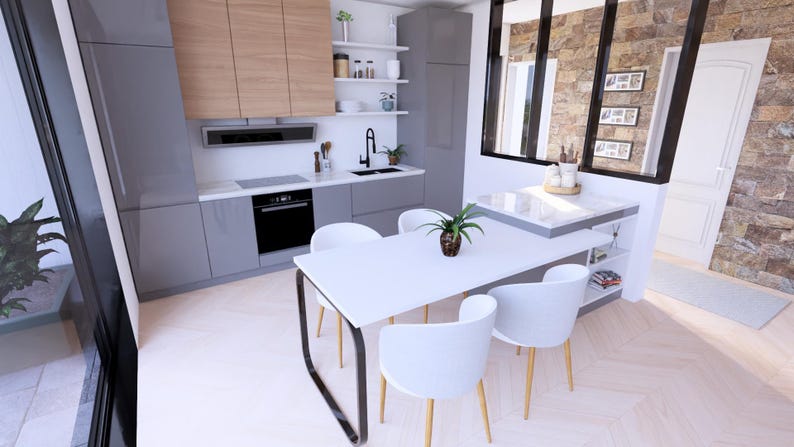 Peut inclure: Cuisine moderne avec des meubles gris, une table &agrave; manger blanche et quatre chaises blanches. La cuisine comprend un four noir, un robinet noir et une petite plante sur la table. Le sol est en bois clair.