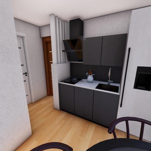 May include: A modern kitchen design featuring dark gray cabinets, a white countertop, and a black sink. A stainless steel faucet and a white refrigerator are also visible. The room has light wood flooring and a dark-colored chair.