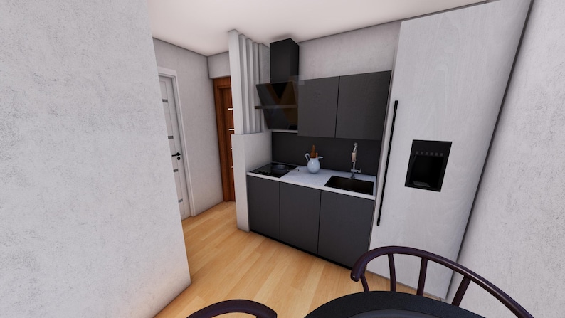 May include: A modern kitchen design featuring dark gray cabinets, a white countertop, and a black sink. A stainless steel faucet and a white refrigerator are also visible. The room has light wood flooring and a dark-colored chair.