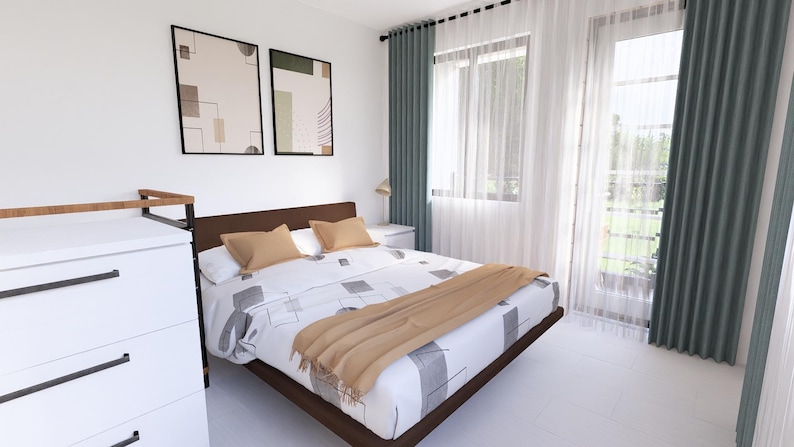 May include: A contemporary bedroom scene featuring a bed, chest of drawers, and framed art. The bed has a brown frame, patterned bedding, and tan pillows and a throw. Two abstract art prints hang above the bed. A white chest of drawers with black handles is on the left.
