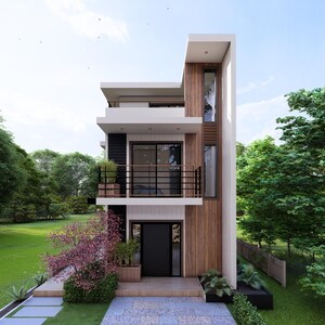 May include: A modern three-story house with a white exterior, wooden accents, and a black front door. The house has a balcony with a black railing and is surrounded by lush green trees and a well-maintained lawn. The sky is blue with some clouds.