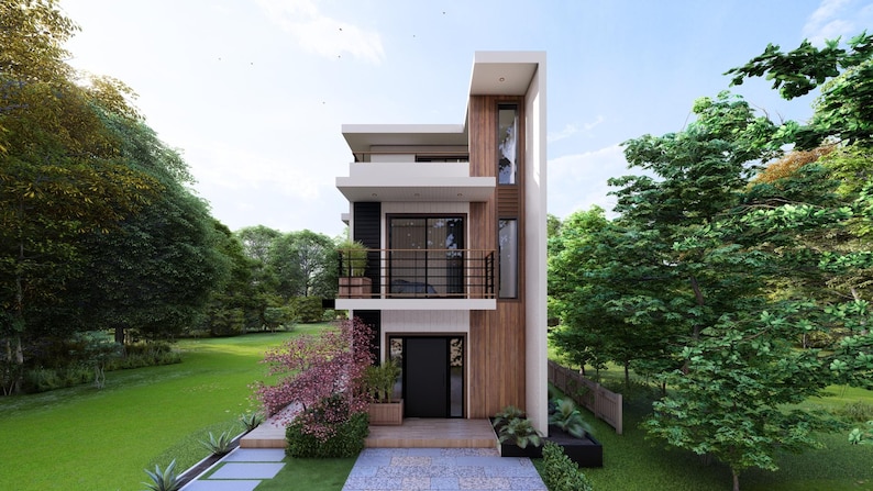 May include: A modern three-story house with a white exterior, wooden accents, and a black front door. The house has a balcony with a black railing and is surrounded by lush green trees and a well-maintained lawn. The sky is blue with some clouds.