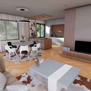 Peut inclure: Un salon moderne avec un sol en bois clair, comprenant une table basse grise, un canap&eacute; avec des coussins et une table &agrave; manger avec des chaises. Une grande t&eacute;l&eacute;vision est fix&eacute;e au mur et un escalier m&egrave;ne &agrave; l'&eacute;tage.