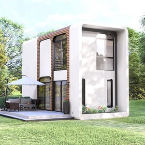 May include: Modern two-story house with a white exterior and a flat roof. The design features large windows, wooden accents, and a patio with outdoor furniture. The house is surrounded by green grass and trees.
