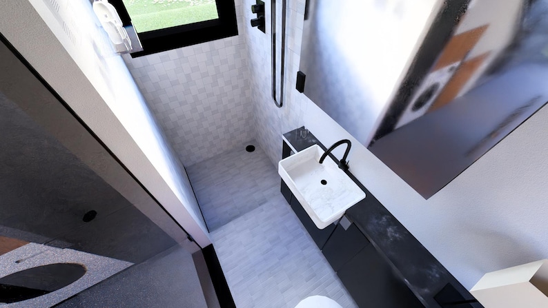 以下が含まれることがあります： 白い洗面台、黒い蛇口、シャワー設備を備えたモダンなバスルームインテリア。 シャワーエリアは白いタイルで、部屋には窓と濃い色のキャビネットがあります。 全体的なデザインはミニマリストで現代的です。