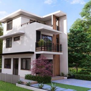May include: A modern, two-story house with a white exterior, black trim, and a flat roof. The house features a balcony with black railings and large windows. Landscaping includes a green lawn, trees, and a paved driveway.