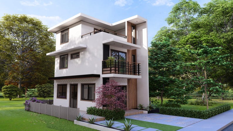 May include: A modern, two-story house with a white exterior, black trim, and a flat roof. The house features a balcony with black railings and large windows. Landscaping includes a green lawn, trees, and a paved driveway.
