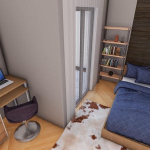 Peut inclure: Une petite chambre avec un cadre de lit en bois, une literie bleue et un petit bureau avec un ordinateur portable. Une &eacute;tag&egrave;re en bois est visible, ainsi qu'une armoire et un tapis &agrave; motifs. La pi&egrave;ce a un design moderne et minimaliste.