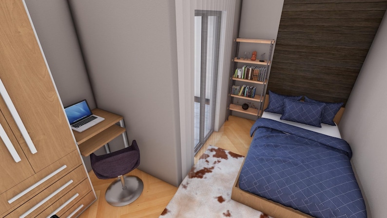 Peut inclure: Une petite chambre avec un cadre de lit en bois, une literie bleue et un petit bureau avec un ordinateur portable. Une &eacute;tag&egrave;re en bois est visible, ainsi qu'une armoire et un tapis &agrave; motifs. La pi&egrave;ce a un design moderne et minimaliste.