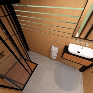 Pu&ograve; includere: Vista interna di un bagno moderno con pannelli in legno e un box doccia in vetro. Presenta un lavabo bianco con rubinetti cromati, uno specchio e un asciugamano a righe. Il pavimento ha un tappeto rotondo.