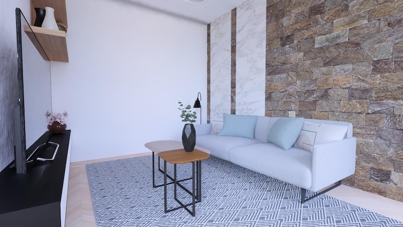 Peut inclure: Salon moderne avec un canap&eacute; blanc, des coussins bleu clair et un tapis &agrave; motifs. Deux petites tables en bois avec des pieds en m&eacute;tal noir sont devant le canap&eacute;. Un vase noir avec de la verdure et une lampe noire sont &eacute;galement pr&eacute;sents.