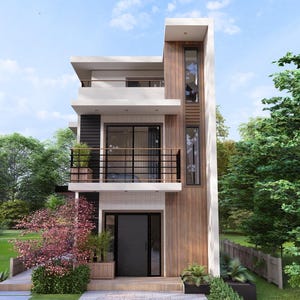 May include: A modern three-story house with a flat roof, balcony, and wooden accents. The exterior features a combination of white, black, and wood-toned panels. Landscaping includes green grass, trees, and flowering plants.