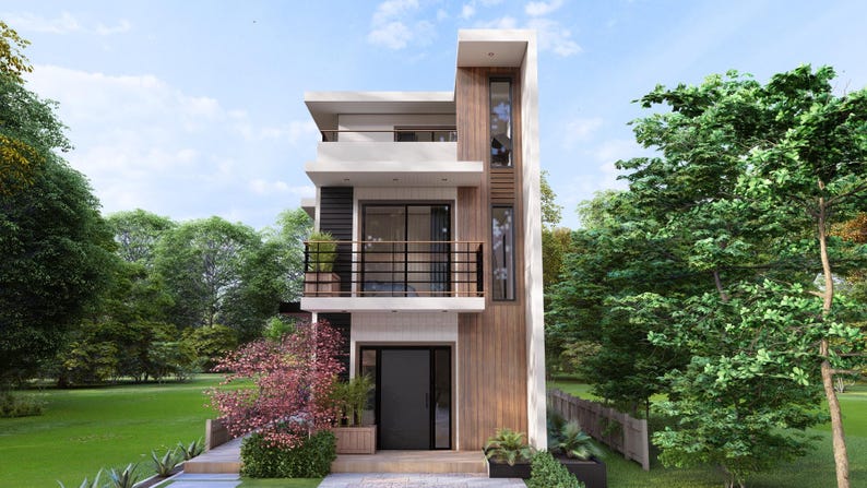 May include: A modern three-story house with a flat roof, balcony, and wooden accents. The exterior features a combination of white, black, and wood-toned panels. Landscaping includes green grass, trees, and flowering plants.