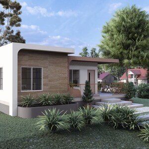 Puede incluir: Una casa moderna de una sola planta con techo plano y un peque&ntilde;o porche. El exterior presenta una combinaci&oacute;n de revestimiento blanco y con aspecto de madera. El paisajismo incluye c&eacute;sped verde, arbustos y &aacute;rboles. Un camino conduce a la puerta principal.