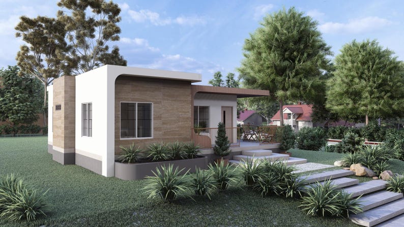 Puede incluir: Una casa moderna de una sola planta con techo plano y un peque&ntilde;o porche. El exterior presenta una combinaci&oacute;n de revestimiento blanco y con aspecto de madera. El paisajismo incluye c&eacute;sped verde, arbustos y &aacute;rboles. Un camino conduce a la puerta principal.