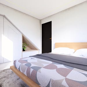 May include: A modern bedroom interior featuring a wooden bed frame with a patterned comforter and gray blanket. White pillows rest on the bed. A black door and white built-in cabinets are visible. A small plant sits in a niche.