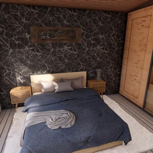 K&ouml;nnte beinhalten: Schlafzimmer-Interieur mit Bett, Nachttischen und einem gro&szlig;en Holzschrank. Das Bett hat eine blaue Bettdecke und Kissen. Die W&auml;nde sind wei&szlig; und schwarz mit einem gro&szlig;en Fenster. Der Raum hat ein modernes Design.