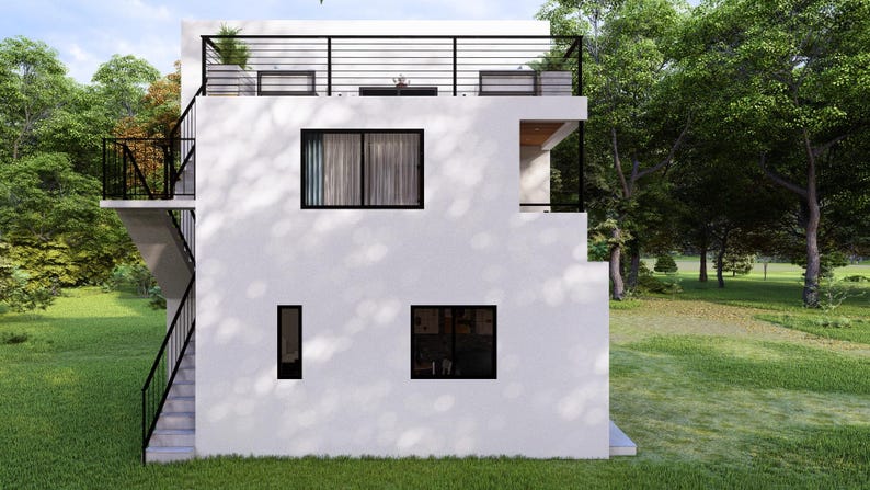 May include: A modern, two-storey white house with black accents. The house features a rooftop deck with a black railing, multiple windows, and a staircase with a black railing. The house is surrounded by green grass and trees.