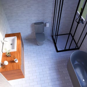 Puede incluir: Interior de ba&ntilde;o moderno con inodoro gris, mueble de ba&ntilde;o de madera con lavabo blanco y ducha con marco negro. Un espejo ovalado cuelga sobre el mueble. Una ba&ntilde;era est&aacute; en la esquina y una ventana ofrece vistas a la vegetaci&oacute;n.