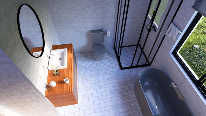 Puede incluir: Interior de ba&ntilde;o moderno con inodoro gris, mueble de ba&ntilde;o de madera con lavabo blanco y ducha con marco negro. Un espejo ovalado cuelga sobre el mueble. Una ba&ntilde;era est&aacute; en la esquina y una ventana ofrece vistas a la vegetaci&oacute;n.