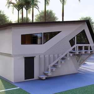 K&ouml;nnte beinhalten: Ein modernes, zweist&ouml;ckiges wei&szlig;es Geb&auml;ude mit einem einzigartigen, abgewinkelten Design. Es verf&uuml;gt &uuml;ber eine schwarze T&uuml;r, geometrische Fenster und eine Au&szlig;entreppe, die zu einem kleinen Balkon f&uuml;hrt. Das Geb&auml;ude steht auf einer Betonfl&auml;che mit Rasen und Palmen im Hintergrund.
