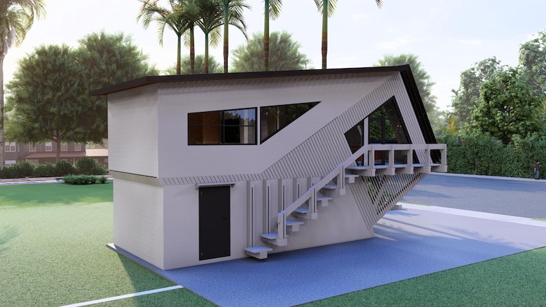K&ouml;nnte beinhalten: Ein modernes, zweist&ouml;ckiges wei&szlig;es Geb&auml;ude mit einem einzigartigen, abgewinkelten Design. Es verf&uuml;gt &uuml;ber eine schwarze T&uuml;r, geometrische Fenster und eine Au&szlig;entreppe, die zu einem kleinen Balkon f&uuml;hrt. Das Geb&auml;ude steht auf einer Betonfl&auml;che mit Rasen und Palmen im Hintergrund.