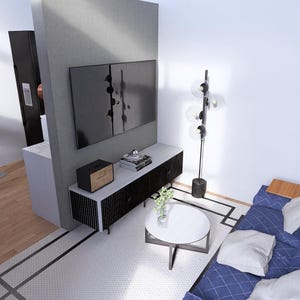 以下が含まれることがあります： モダンなリビングルームのインテリア。薄型テレビ、ローキャビネット、丸いコーヒーテーブル、青いソファ、バーテーブルがあります。部屋は、黒と木のアクセントを備えたニュートラルなカラースキームです。