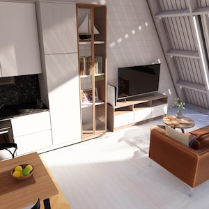 K&ouml;nnte beinhalten: Innenaufnahme einer modernen K&uuml;che und eines Wohnzimmers. Die K&uuml;che verf&uuml;gt &uuml;ber wei&szlig;e Schr&auml;nke, eine schwarze Arbeitsplatte und Edelstahlger&auml;te. Das Wohnzimmer hat ein braunes Ledersofa, einen Fernseher und ein gro&szlig;es Fenster mit Blick nach drau&szlig;en.