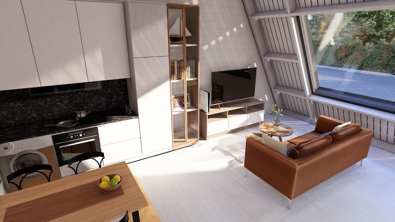K&ouml;nnte beinhalten: Innenaufnahme einer modernen K&uuml;che und eines Wohnzimmers. Die K&uuml;che verf&uuml;gt &uuml;ber wei&szlig;e Schr&auml;nke, eine schwarze Arbeitsplatte und Edelstahlger&auml;te. Das Wohnzimmer hat ein braunes Ledersofa, einen Fernseher und ein gro&szlig;es Fenster mit Blick nach drau&szlig;en.