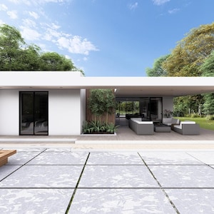 May include: Contemporary white house with a flat roof, large windows, and a covered patio area. The patio features grey outdoor furniture. A wooden fire pit sits on a grey tiled patio in the foreground. Lush green trees surround the house.