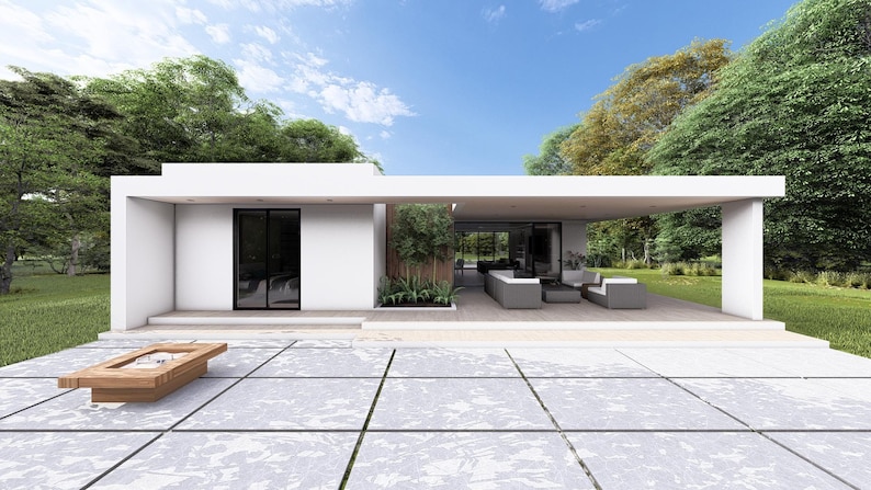 May include: Contemporary white house with a flat roof, large windows, and a covered patio area. The patio features grey outdoor furniture. A wooden fire pit sits on a grey tiled patio in the foreground. Lush green trees surround the house.