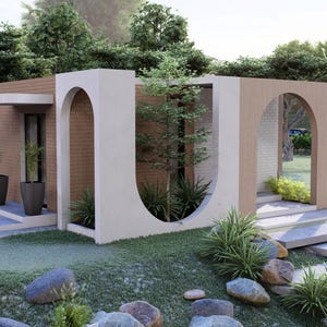 Puede incluir: Un dise&ntilde;o arquitect&oacute;nico moderno con un edificio de perfil bajo con fachada de ladrillo y entradas arqueadas. La estructura est&aacute; rodeada de exuberante vegetaci&oacute;n, incluyendo hierba, arbustos y &aacute;rboles, con escalones de piedra que conducen a la entrada.