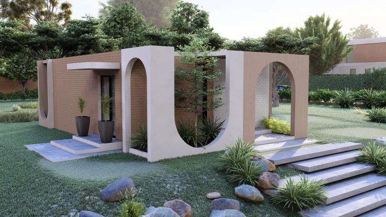Puede incluir: Un dise&ntilde;o arquitect&oacute;nico moderno con un edificio de perfil bajo con fachada de ladrillo y entradas arqueadas. La estructura est&aacute; rodeada de exuberante vegetaci&oacute;n, incluyendo hierba, arbustos y &aacute;rboles, con escalones de piedra que conducen a la entrada.