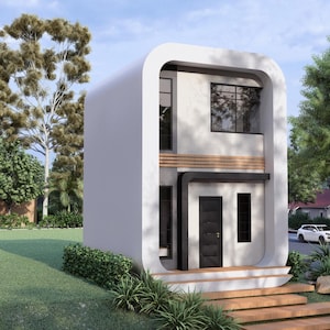 Puede incluir: Una casa moderna de dos pisos con un exterior blanco redondeado. La casa tiene marcos de ventanas negros y una puerta principal negra. Est&aacute; rodeada de hierba verde, &aacute;rboles y un peque&ntilde;o seto. Una escalera de madera conduce a la puerta principal.