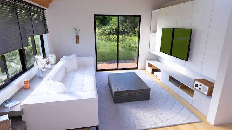Puede incluir: Sal&oacute;n moderno con sof&aacute; blanco, mesa de centro gris y alfombra grande. La habitaci&oacute;n tiene una ventana grande con persianas y un televisor de pantalla plana montado en la pared. La habitaci&oacute;n est&aacute; decorada con colores neutros.